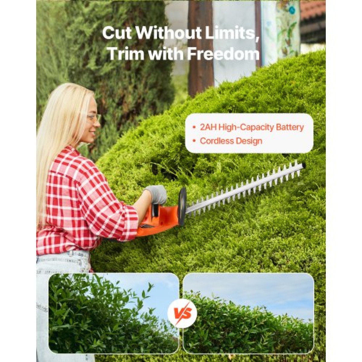VEVOR Electric Hedge Trimmer, 1200 RPM, Cordless Hedge Trimmer για Low Branch, 20V 2A Battery, Bush Trimmer with 20 in Dual Action Blade & Secure Design, Gardening Trimmer for Yard Lawn Care
