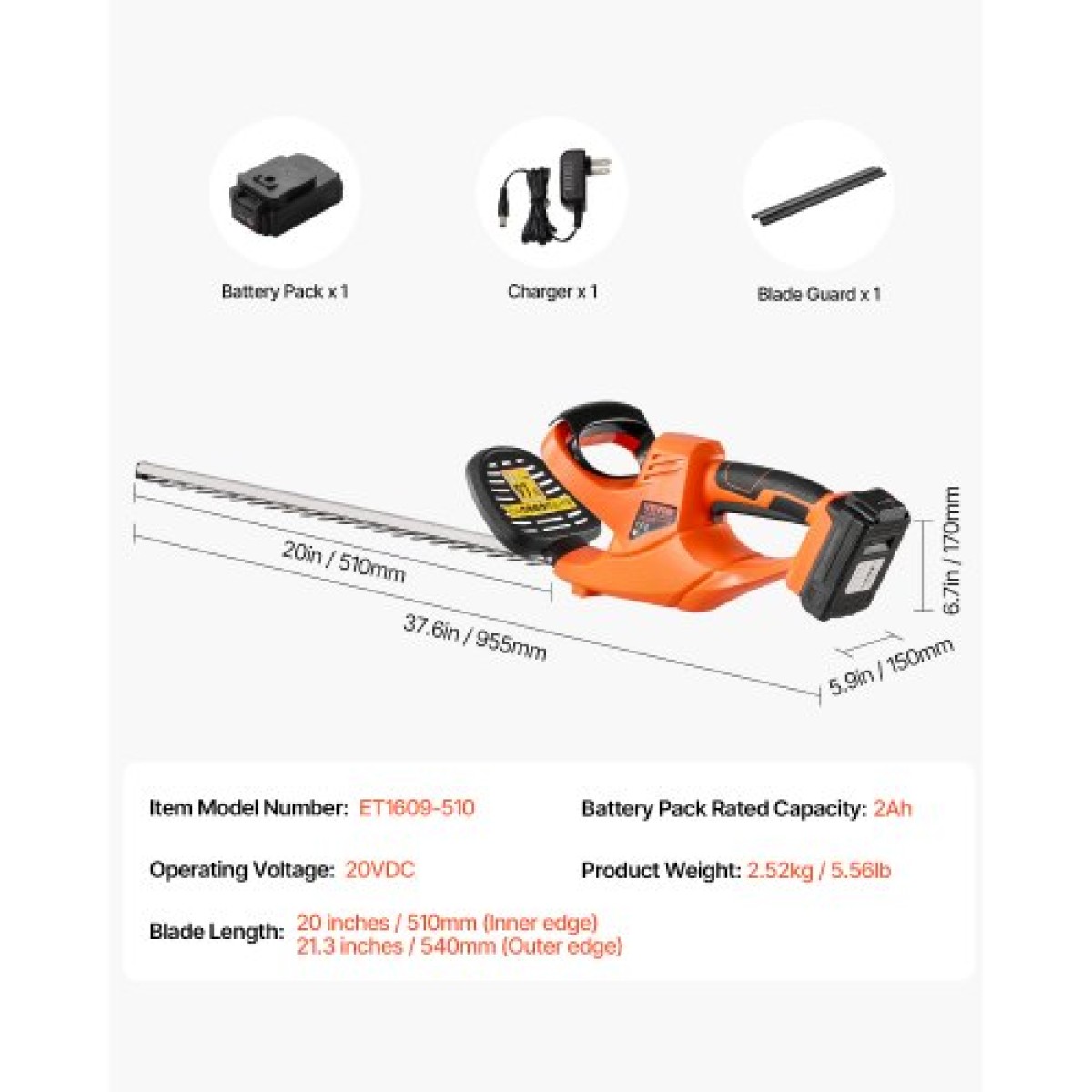 VEVOR Electric Hedge Trimmer, 1200 RPM, Cordless Hedge Trimmer για Low Branch, 20V 2A Battery, Bush Trimmer with 20 in Dual Action Blade & Secure Design, Gardening Trimmer for Yard Lawn Care