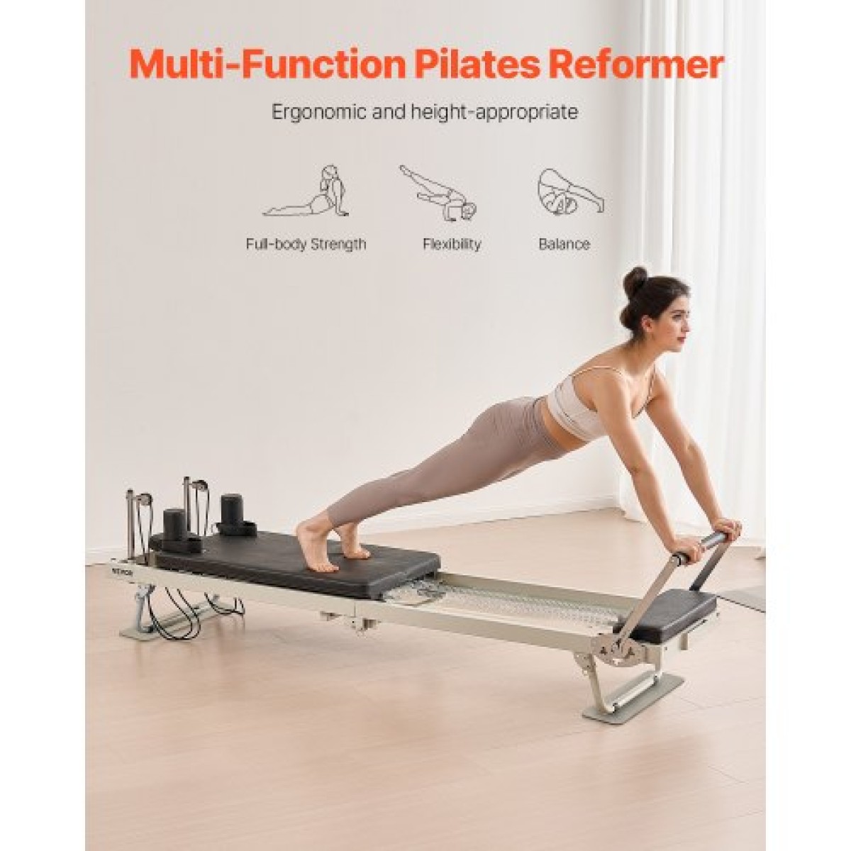 VEVOR Πτυσσόμενο Pilates Reformer, Μηχάνημα προπόνησης Pilates για χρήση στο στούντιο στο σπίτι στο γυμναστήριο, κρεβάτι Pilates με διπλή αντίσταση-ελατήριο & κορδόνι, σετ Reformer για προχωρημένους χρήστες και αρχάριους, έως 400 LBS