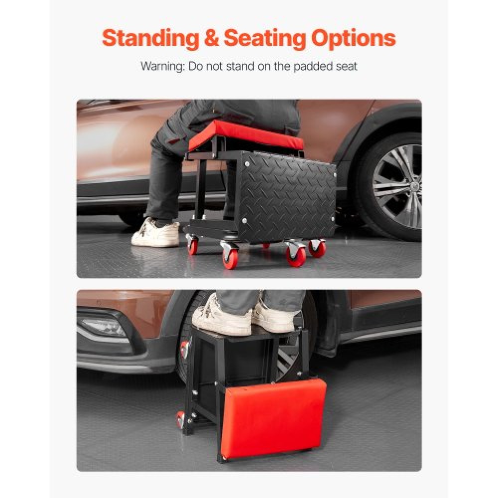 VEVOR Mechanic Stool, χωρητικότητας 300 lbs Κάθισμα γκαράζ/Σκαμπάκι εργασίας με ρόδες, περιστρεφόμενο σκαμπό εργαστηρίου 360° με δίσκο εργαλείων, Mechanics Creeper Seat/Step Stool, για γκαράζ, κατάστημα & επισκευή αυτοκινήτων, μαύρο