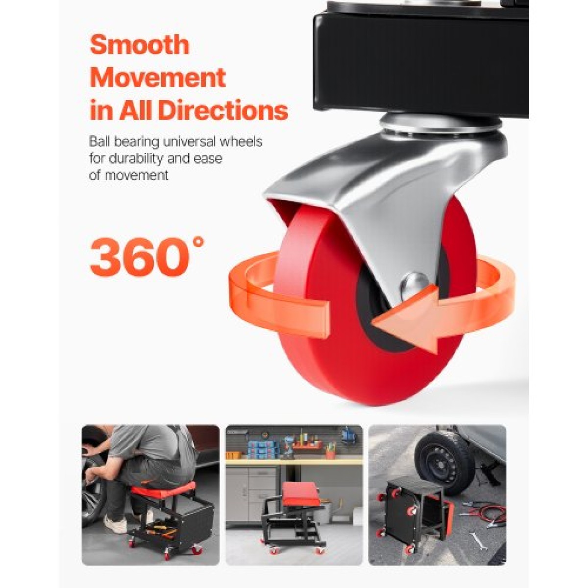 VEVOR Mechanic Stool, χωρητικότητας 300 lbs Κάθισμα γκαράζ/Σκαμπάκι εργασίας με ρόδες, περιστρεφόμενο σκαμπό εργαστηρίου 360° με δίσκο εργαλείων, Mechanics Creeper Seat/Step Stool, για γκαράζ, κατάστημα & επισκευή αυτοκινήτων, μαύρο
