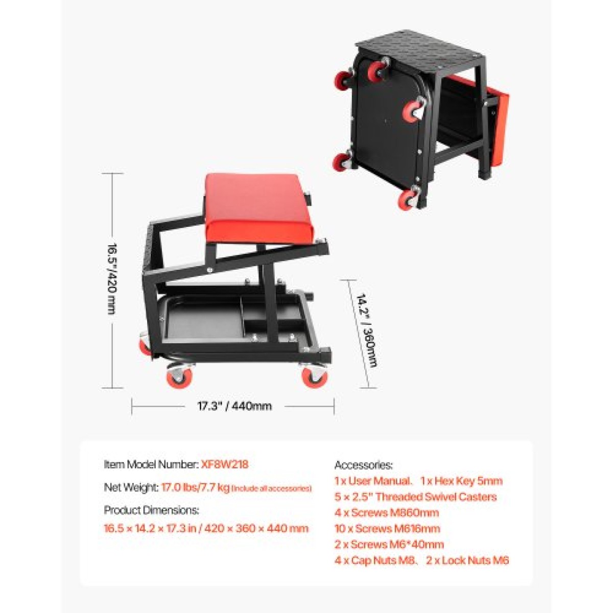 VEVOR Mechanic Stool, χωρητικότητας 300 lbs Κάθισμα γκαράζ/Σκαμπάκι εργασίας με ρόδες, περιστρεφόμενο σκαμπό εργαστηρίου 360° με δίσκο εργαλείων, Mechanics Creeper Seat/Step Stool, για γκαράζ, κατάστημα & επισκευή αυτοκινήτων, μαύρο
