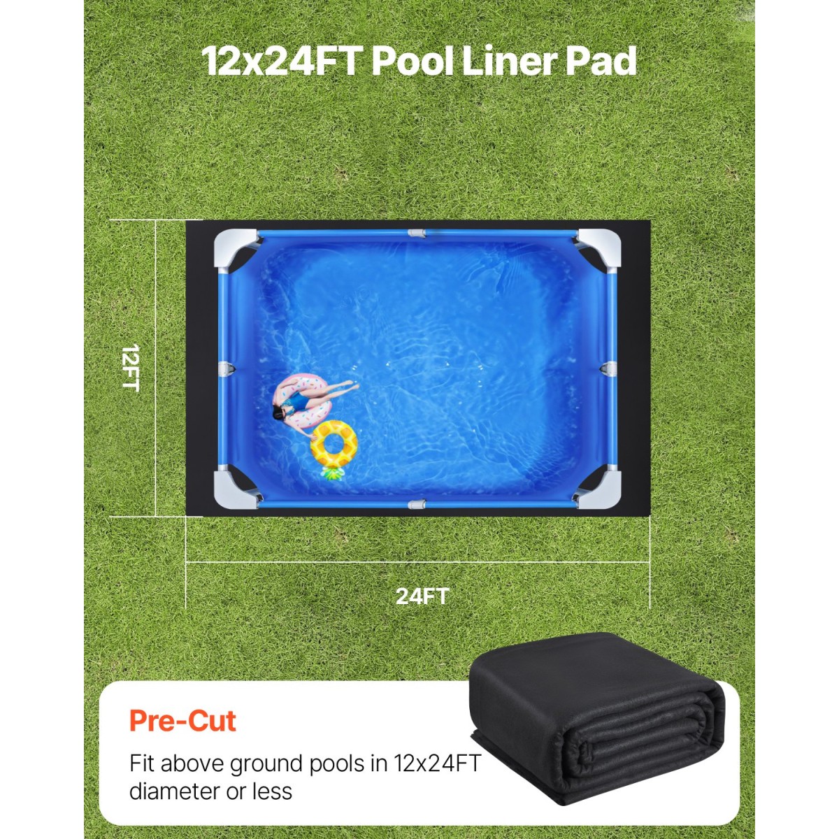 VEVOR Rectangle Pool Liner Pad, 12 x 24 ft Pool Liner Pad για πισίνες πάνω από το έδαφος, εξαιρετικά παχύ στρώμα πισίνας, αποτρέπει τρυπήματα, ανακυκλωμένο υλικό γεωυφάσματος για υποστρώματα, παράταση ζωής της επένδυσης