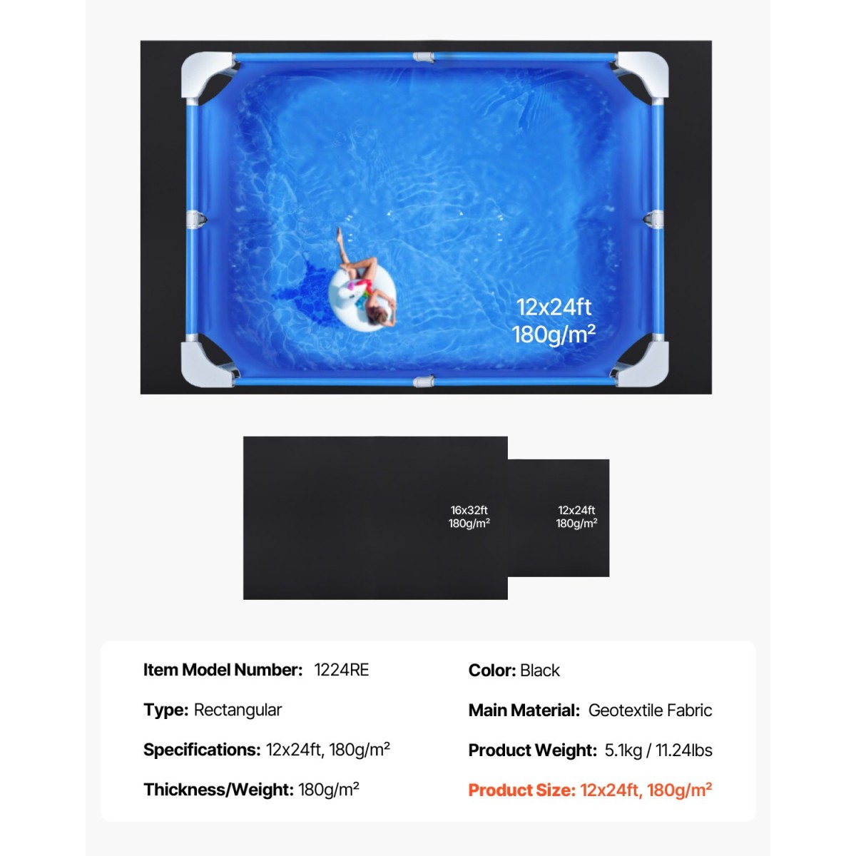 VEVOR Rectangle Pool Liner Pad, 12 x 24 ft Pool Liner Pad για πισίνες πάνω από το έδαφος, εξαιρετικά παχύ στρώμα πισίνας, αποτρέπει τρυπήματα, ανακυκλωμένο υλικό γεωυφάσματος για υποστρώματα, παράταση ζωής της επένδυσης