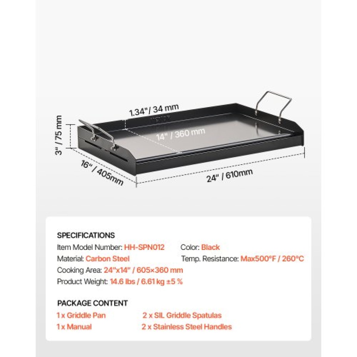 Σχάρα από ανθρακούχο χάλυβα VEVOR, 24x16 ιντσών Universal Flat Top Ορθογώνιο Πιάτο, Ψησταριά υγραερίου για ψησταριά BBQ, Teppanyaki, Φορητά Οικογενειακά Μαγειρικά Σκεύη με Χερούλι, για Camping Tailgating Party