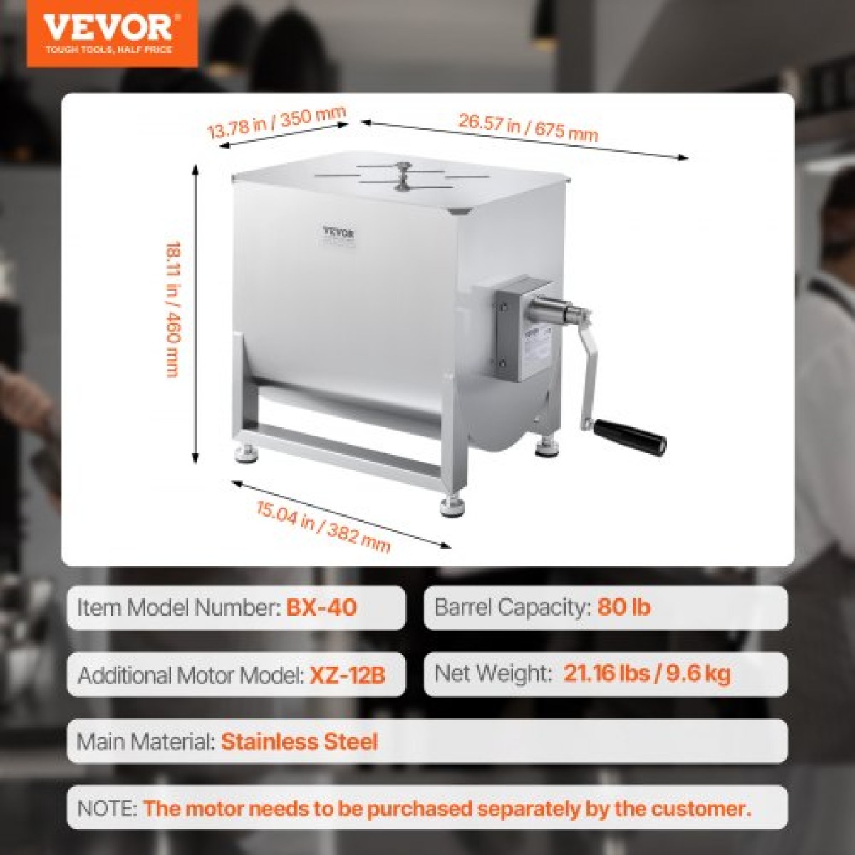 Χειροκίνητος αναδευτήρας κρέατος VEVOR, Εξοπλισμός Επεξεργασίας Κρέατος Σταθερής Δεξαμενής 80 λίτρων (Ανάμιξη Max 80LBS για κρέας), Μίξερ κρέατος από ανοξείδωτο χάλυβα, Μηχάνημα μίξερ λουκάνικων με μειωτήρα ταχυτήτων χειρολαβής καπακιού, μίξερ χειρός μοσχ