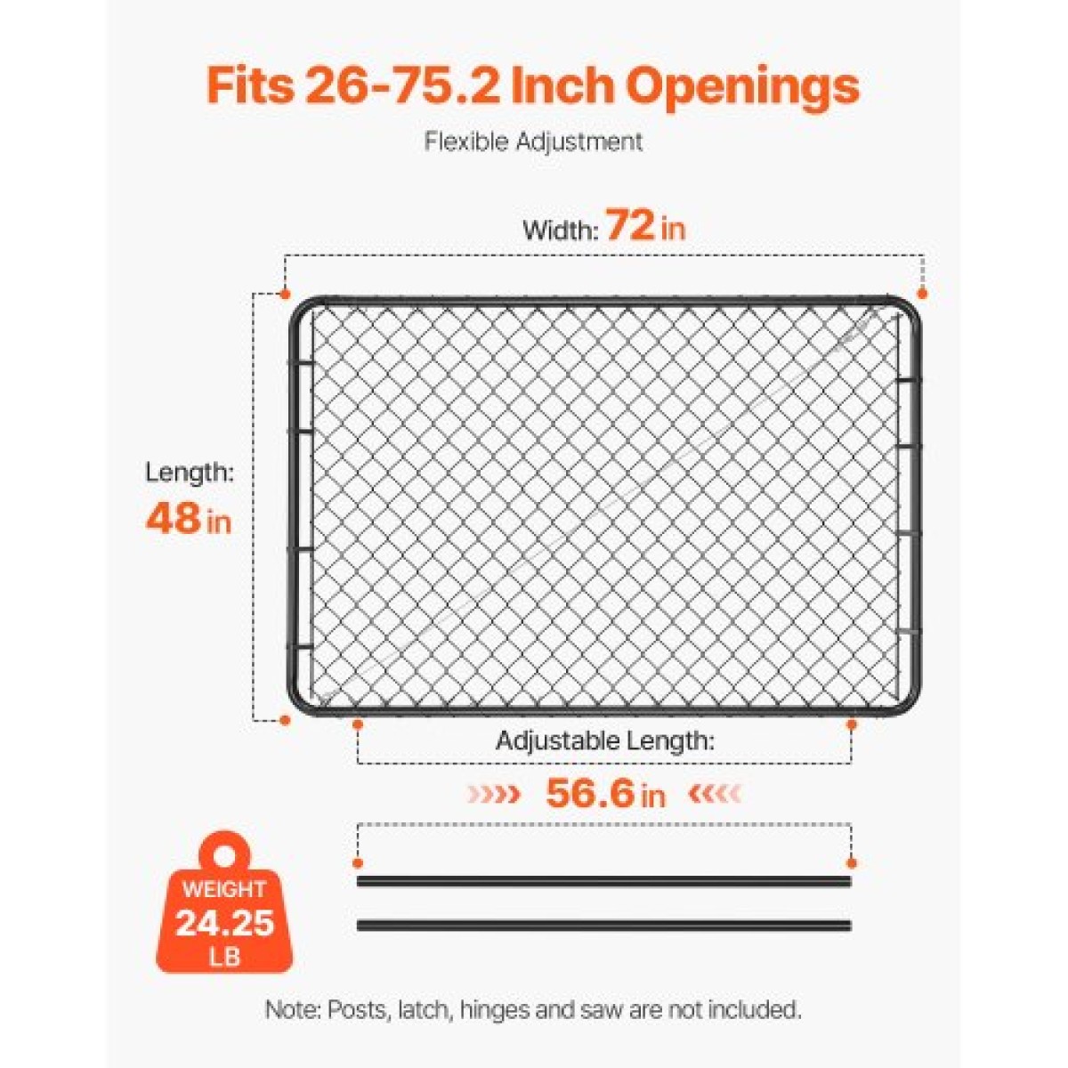 VEVOR Chain Link Fence Gate, 183x122 cm, Ρυθμιζόμενο πλαίσιο φράχτη με σύνδεσμο αλυσίδας, προσαρμογή 2,2-6 ft (W) x 6 ft (H) Άνοιγμα πύλης φράχτη κήπου, πύλη περίφραξης με πλαστική επίστρωση, για Farm Black, Δεν περιλαμβάνονται στύλοι