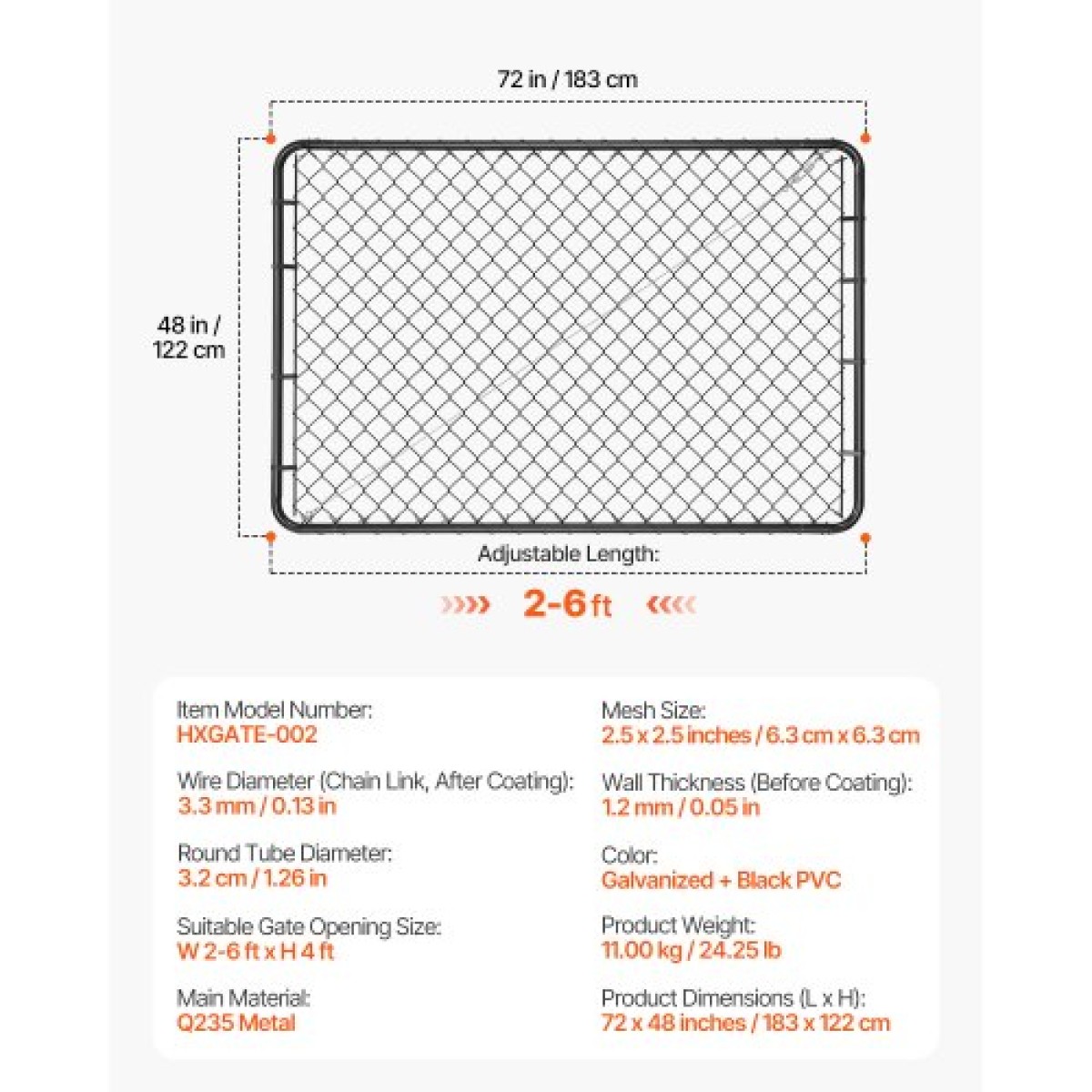 VEVOR Chain Link Fence Gate, 183x122 cm, Ρυθμιζόμενο πλαίσιο φράχτη με σύνδεσμο αλυσίδας, προσαρμογή 2,2-6 ft (W) x 6 ft (H) Άνοιγμα πύλης φράχτη κήπου, πύλη περίφραξης με πλαστική επίστρωση, για Farm Black, Δεν περιλαμβάνονται στύλοι