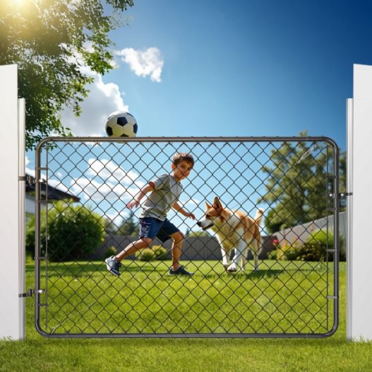 VEVOR Chain Link Fence Gate, 183x122 cm, Ρυθμιζόμενο πλαίσιο φράχτη με σύνδεσμο αλυσίδας, προσαρμογή 2,2-6 ft (W) x 6 ft (H) Άνοιγμα πύλης φράχτη κήπου, πύλη περίφραξης με πλαστική επίστρωση, για Farm Black, Δεν περιλαμβάνονται στύλοι