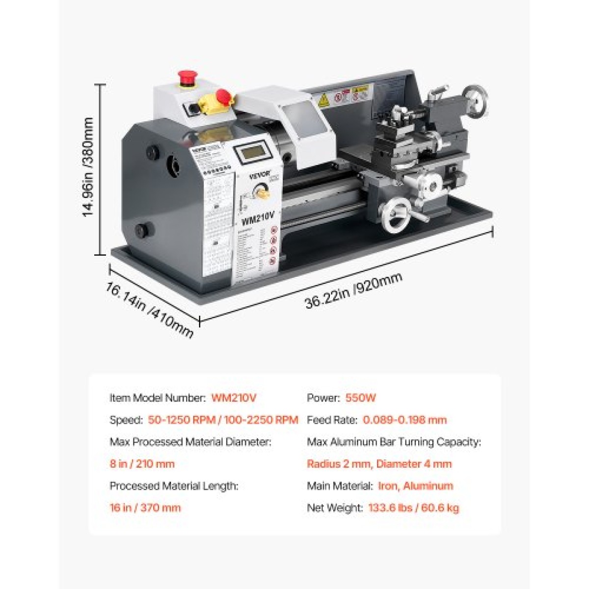Μεταλλικός Τόρνος VEVOR, 203 x 406 mm (8 x 16 ίντσες), Μηχάνημα τόρνου πάγκου 550 W, μεταβλητή ταχύτητα 0-2500 σ.α.λ., με 0,0076 mm (0,0003 ίντσες) Ακρίβεια άξονα μετάλλου, για επεξεργασία ανταλλακτικών ακριβείας από ξύλο Impaderial/Soft Metric