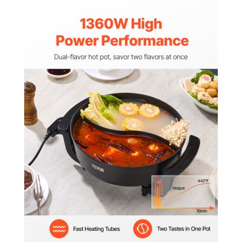 VEVOR Electric Hot Pot 5 L Non-Stick Shabu-shabu Hot Pot with Divider Glass Lid