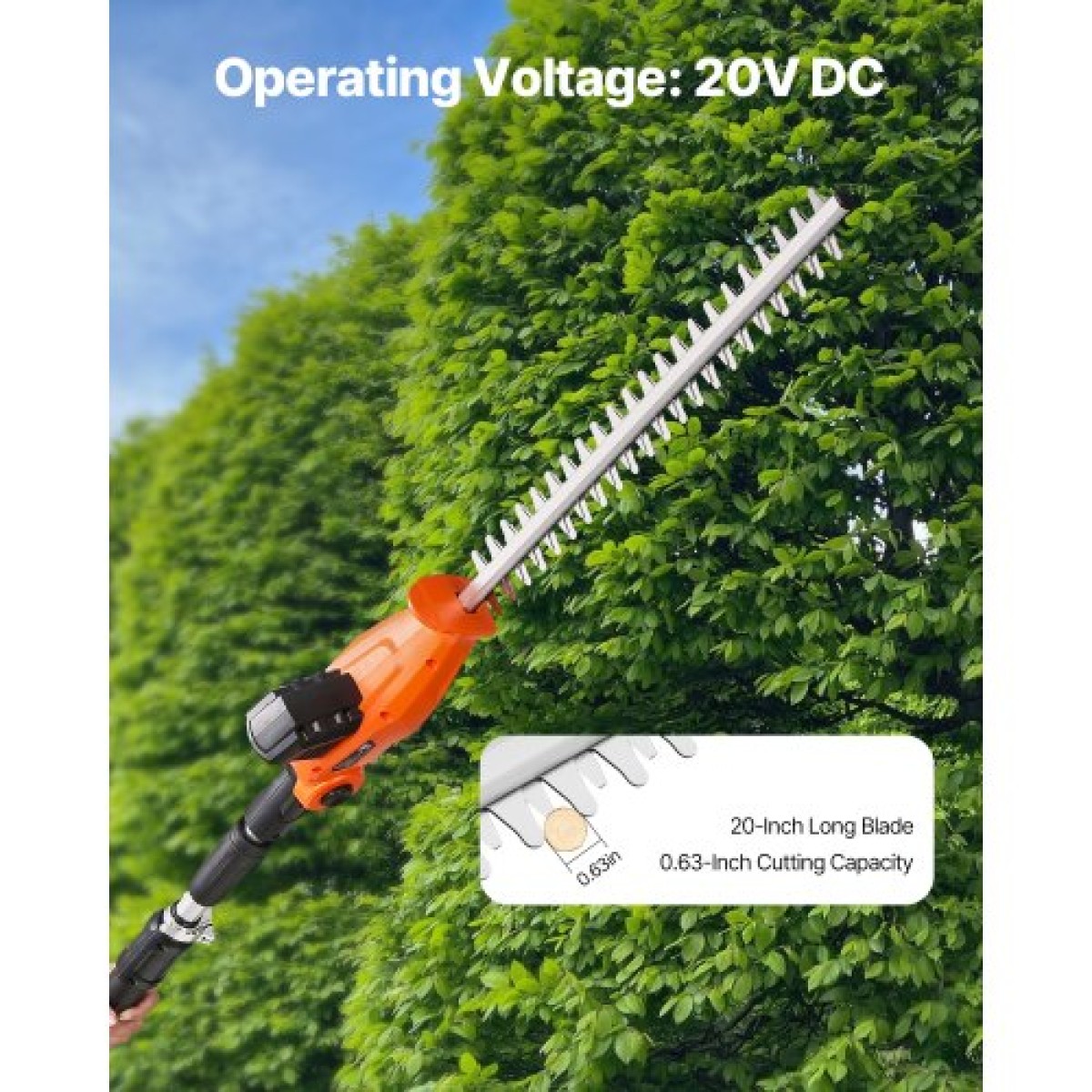 VEVOR Electric Hedge Trimmer, 1200 RPM, 6,2 - 7,8 Ft Extendable, Pole Hedge Trimmer for High Branch, μπαταρία 20V, Cordless Hedge Trimmer με 20 in Blade, 5 γωνίες ρυθμιζόμενες για Yard Garden