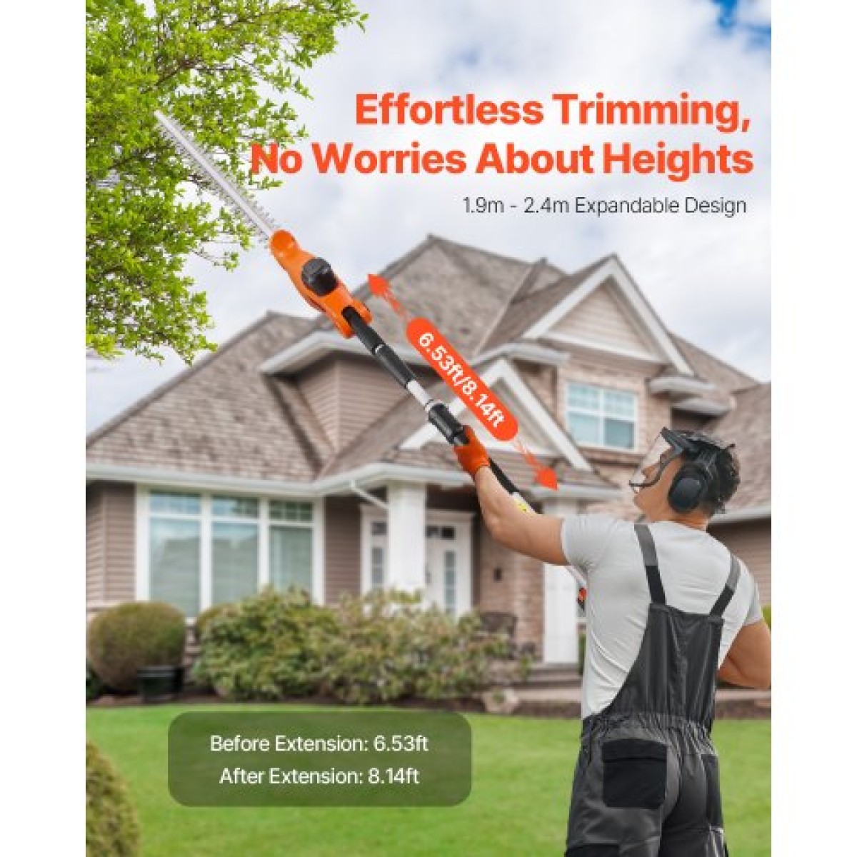 VEVOR Electric Hedge Trimmer, 1200 RPM, 6,2 - 7,8 Ft Extendable, Pole Hedge Trimmer for High Branch, μπαταρία 20V, Cordless Hedge Trimmer με 20 in Blade, 5 γωνίες ρυθμιζόμενες για Yard Garden