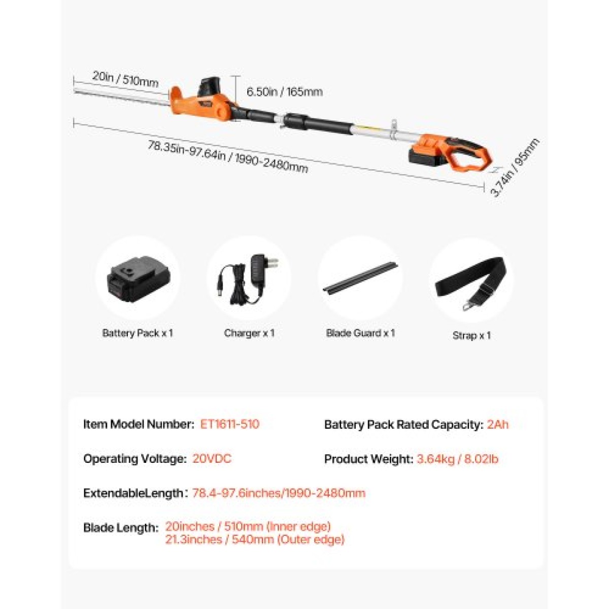 VEVOR Electric Hedge Trimmer, 1200 RPM, 6,2 - 7,8 Ft Extendable, Pole Hedge Trimmer for High Branch, μπαταρία 20V, Cordless Hedge Trimmer με 20 in Blade, 5 γωνίες ρυθμιζόμενες για Yard Garden