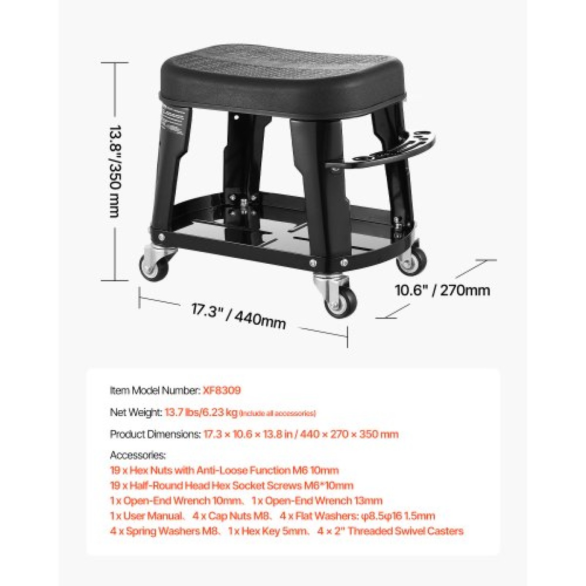 Μηχανικό σκαμπό VEVOR, Χωρητικότητα 300 lbs Κάθισμα γκαράζ/Σκαμπίν εργασίας με ρόδες, περιστρεφόμενο σκαμπό εργαστηρίου 360° με δίσκο εργαλείων και σχάρα κατσαβιδιών, βαρέως τύπου, για γκαράζ, κατάστημα & επισκευή αυτοκινήτων, μαύρο