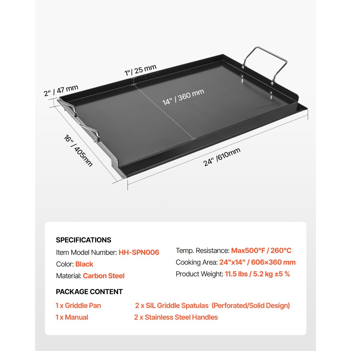 Σχάρα από ανθρακούχο χάλυβα VEVOR, 24x16 ιντσών Universal Flat Top Ορθογώνιο Πιάτο, Ψησταριά υγραερίου για ψησταριά BBQ, Teppanyaki, Φορητά Οικογενειακά Μαγειρικά Σκεύη με Χερούλι, για Camping Tailgating Party