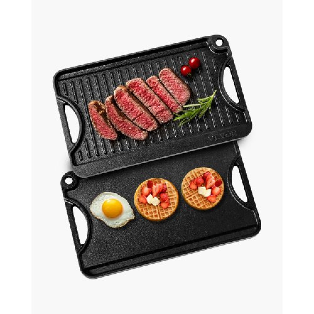 VEVOR 14x8.5 in Reversible Grill Griddle Pre-Seasoned BBQ Pan Cast Iron Black