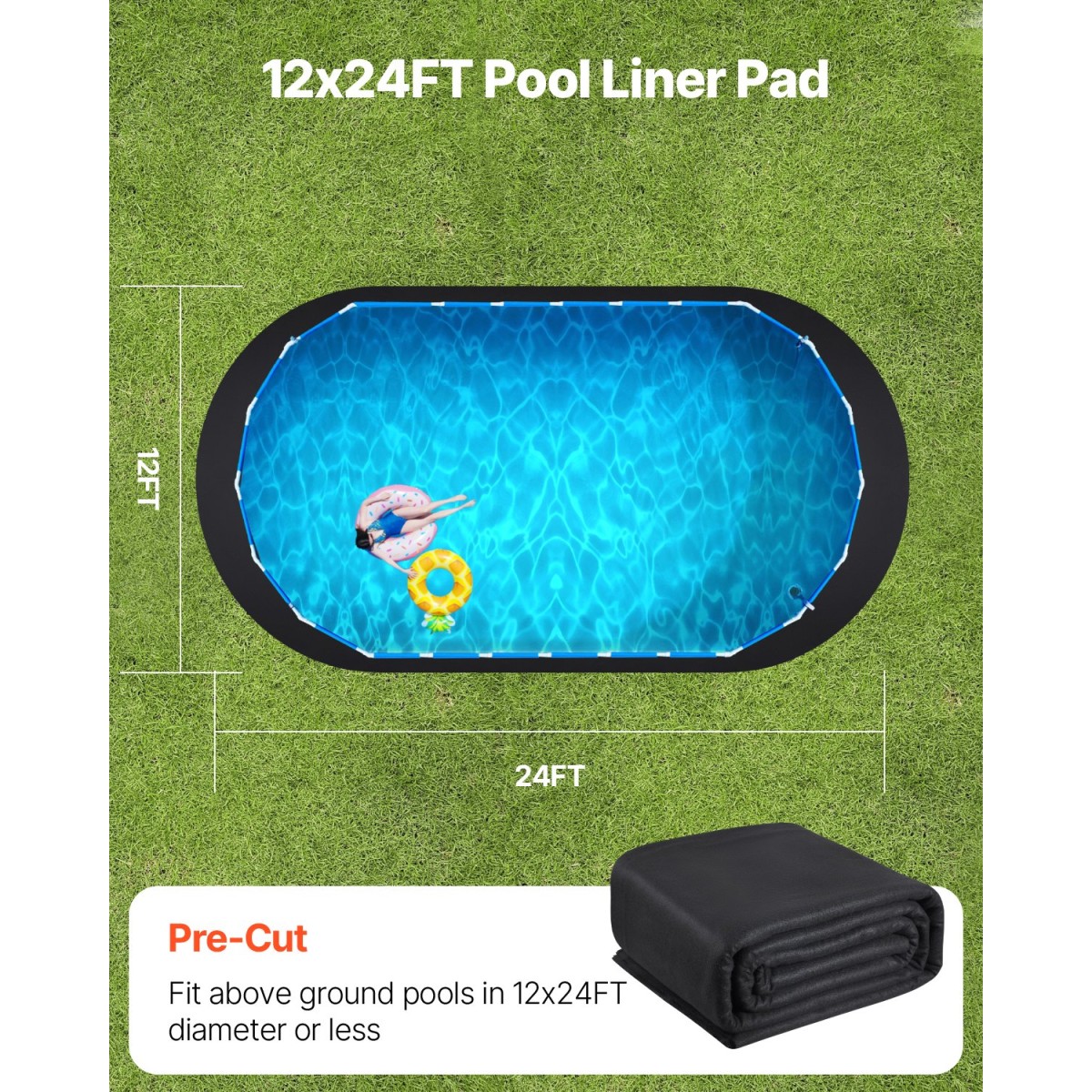 VEVOR Oval Pad Liner Pool, 12 x 24 ft Pool Liner Pad για πισίνες πάνω από το έδαφος, εξαιρετικά παχύ χαλάκι πισίνας, αποτρέπει τρυπήματα, ανακυκλωμένο υλικό γεωυφάσματος για υποστρώματα, παρατείνει τη διάρκεια ζωής της επένδυσης