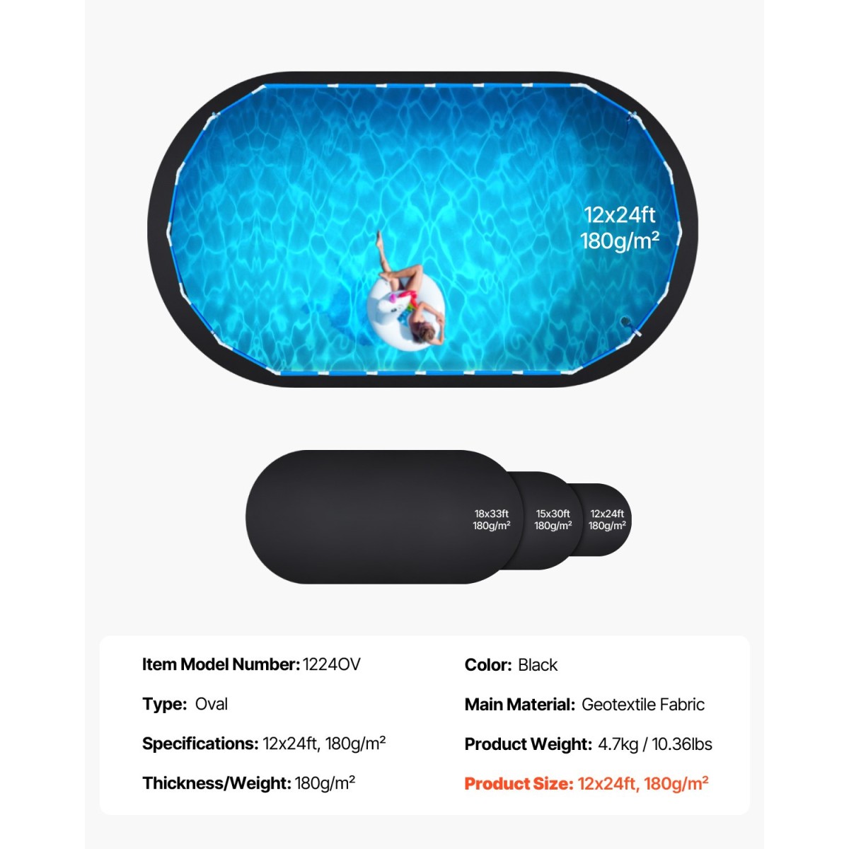 VEVOR Oval Pad Liner Pool, 12 x 24 ft Pool Liner Pad για πισίνες πάνω από το έδαφος, εξαιρετικά παχύ χαλάκι πισίνας, αποτρέπει τρυπήματα, ανακυκλωμένο υλικό γεωυφάσματος για υποστρώματα, παρατείνει τη διάρκεια ζωής της επένδυσης