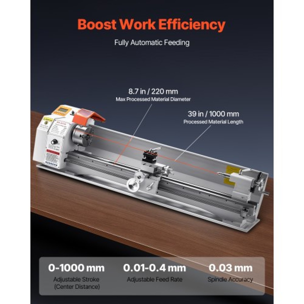 Μεταλλικός τόρνος VEVOR, 220 x 1000 mm (8,7 x 39 ίντσες), Ισχυρός μεταλλικός τόρνος πάγκου ακριβείας, αυτόματη τροφοδοσία, μεταβλητή ταχύτητα 0-2500 rpm, κινητήρας χωρίς ψήκτρες 1250 W, για επεξεργασία εξαρτημάτων ακριβείας, μαλακά μέταλλα, πλαστικά ξύλου