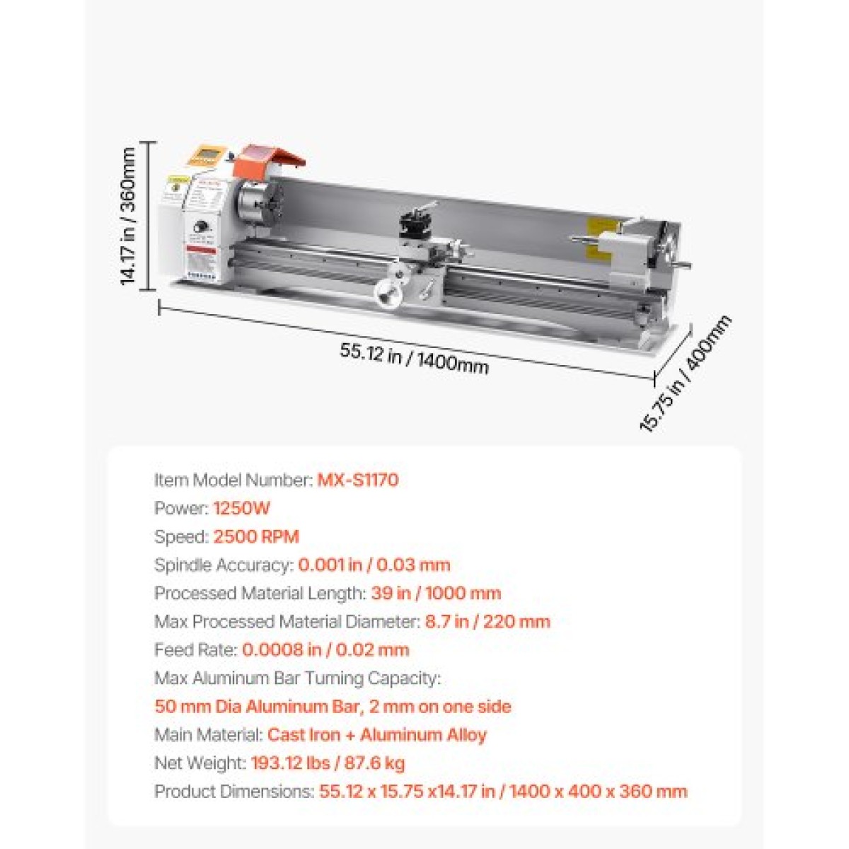 Μεταλλικός τόρνος VEVOR, 220 x 1000 mm (8,7 x 39 ίντσες), Ισχυρός μεταλλικός τόρνος πάγκου ακριβείας, αυτόματη τροφοδοσία, μεταβλητή ταχύτητα 0-2500 rpm, κινητήρας χωρίς ψήκτρες 1250 W, για επεξεργασία εξαρτημάτων ακριβείας, μαλακά μέταλλα, πλαστικά ξύλου