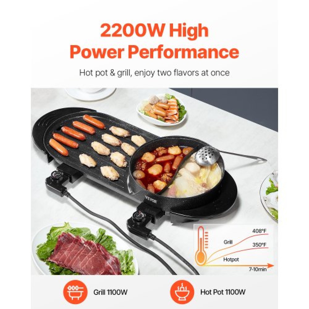 VEVOR Hot Pot with Grill, 2-in-1 2-in-1 Electric Smokeless Grill and Hot Pot, Κορεατικό BBQ Shabu Shabu Hotpot με ξεχωριστό διπλό έλεγχο θερμοκρασίας, αντικολλητικό τηγάνι, για 1-6 άτομα Οικογενειακό δείπνο