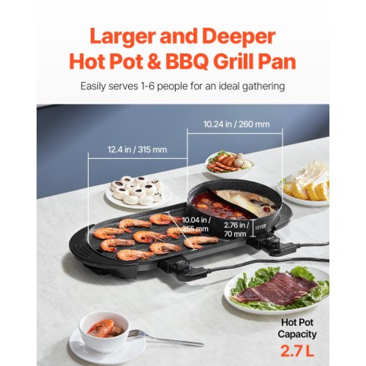 VEVOR Hot Pot with Grill, 2-in-1 2-in-1 Electric Smokeless Grill and Hot Pot, Κορεατικό BBQ Shabu Shabu Hotpot με ξεχωριστό διπλό έλεγχο θερμοκρασίας, αντικολλητικό τηγάνι, για 1-6 άτομα Οικογενειακό δείπνο