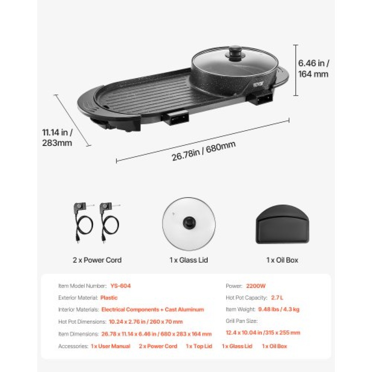 VEVOR Hot Pot with Grill, 2-in-1 2-in-1 Electric Smokeless Grill and Hot Pot, Κορεατικό BBQ Shabu Shabu Hotpot με ξεχωριστό διπλό έλεγχο θερμοκρασίας, αντικολλητικό τηγάνι, για 1-6 άτομα Οικογενειακό δείπνο