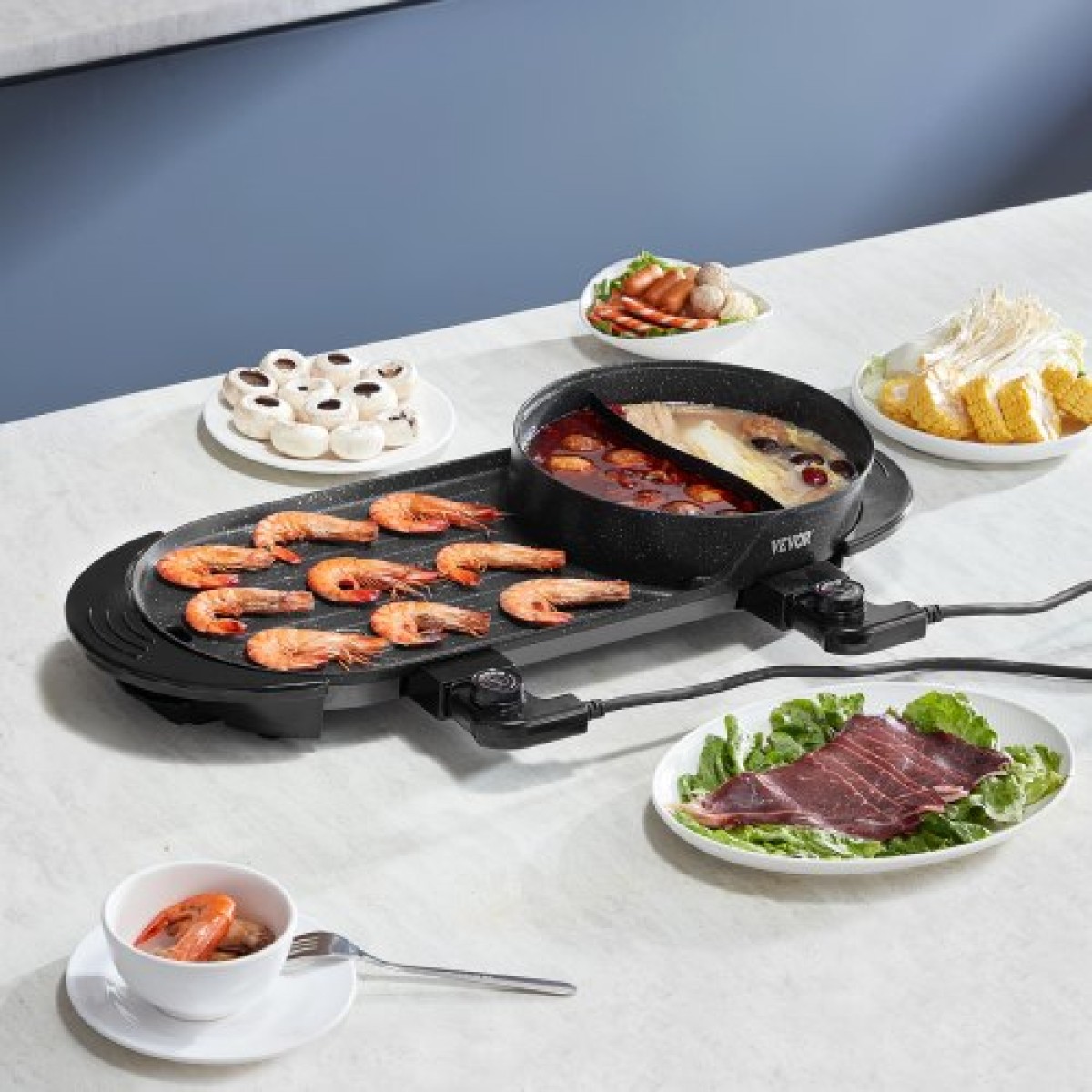 VEVOR Hot Pot with Grill, 2-in-1 2-in-1 Electric Smokeless Grill and Hot Pot, Κορεατικό BBQ Shabu Shabu Hotpot με ξεχωριστό διπλό έλεγχο θερμοκρασίας, αντικολλητικό τηγάνι, για 1-6 άτομα Οικογενειακό δείπνο