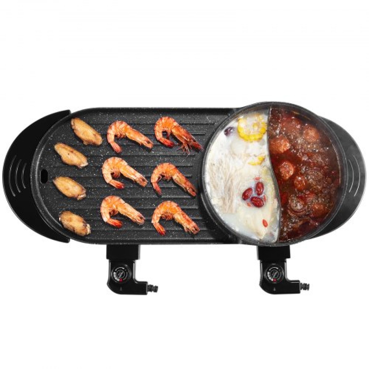 VEVOR Hot Pot with Grill, 2-in-1 2-in-1 Electric Smokeless Grill and Hot Pot, Κορεατικό BBQ Shabu Shabu Hotpot με ξεχωριστό διπλό έλεγχο θερμοκρασίας, αντικολλητικό τηγάνι, για 1-6 άτομα Οικογενειακό δείπνο