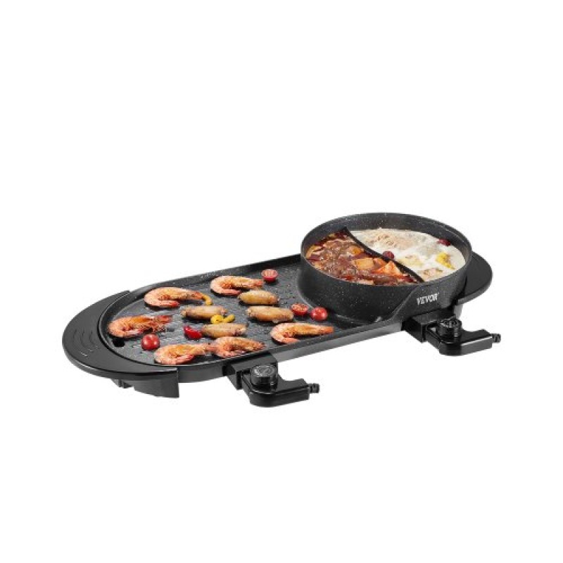 VEVOR Hot Pot with Grill, 2-in-1 2-in-1 Electric Smokeless Grill and Hot Pot, Κορεατικό BBQ Shabu Shabu Hotpot με ξεχωριστό διπλό έλεγχο θερμοκρασίας, αντικολλητικό τηγάνι, για 1-6 άτομα Οικογενειακό δείπνο