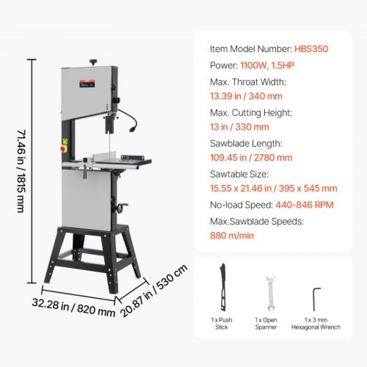 Πριόνι ταινίας VEVOR, 340 mm / 13,39 ιντσών, πριόνι πάγκου με βάση, 440-846 σ.α.λ. συνεχούς βιώσιμης ταχύτητας, 1100 W 1,5 HP, 220 V, βελτιστοποιημένο φως εργασίας και μετρητή κοπής, για επεξεργασία ξύλου χαλκού μετάλλου αλουμινίου