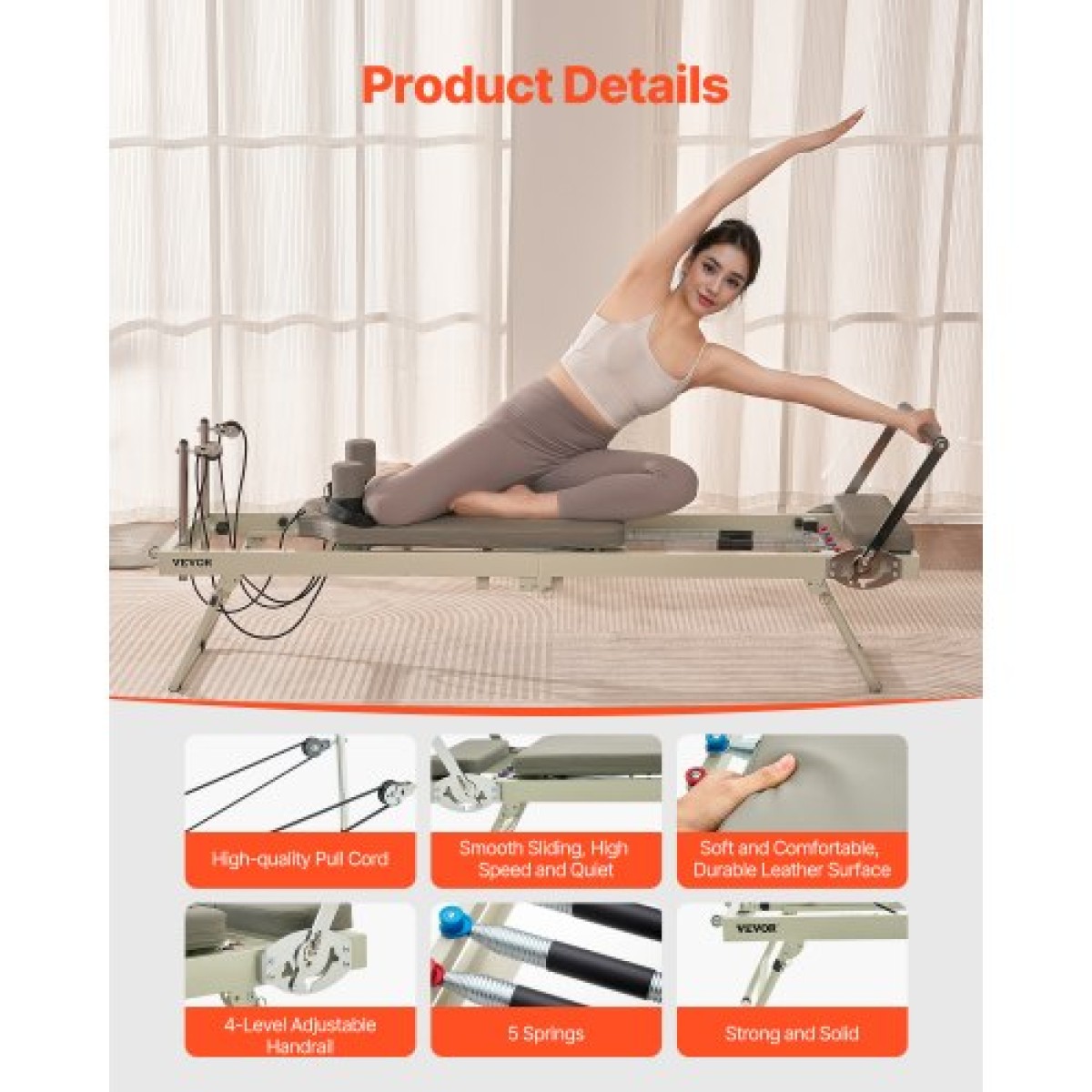 VEVOR Πτυσσόμενο Pilates Reformer, Μηχάνημα προπόνησης Pilates για χρήση στο στούντιο στο σπίτι στο γυμναστήριο, κρεβάτι Pilates με διπλή αντίσταση-ελατήριο & κορδόνι, σετ Reformer για προχωρημένους χρήστες και αρχάριους, έως 400 LBS