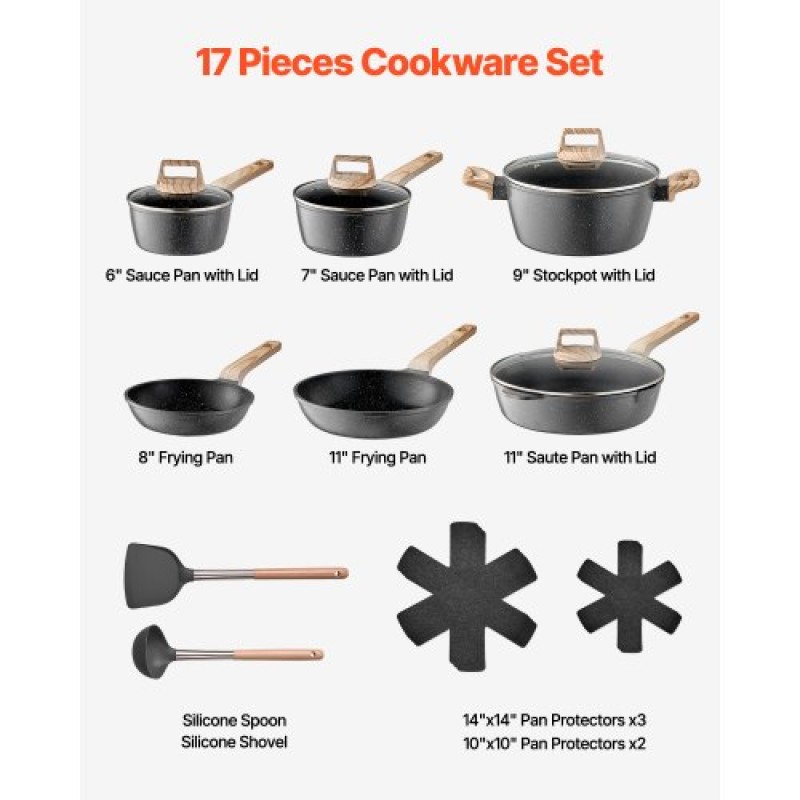VEVOR 17 Piece Pots and Pans Set Granite Nonstick Kitchen Cookware Black