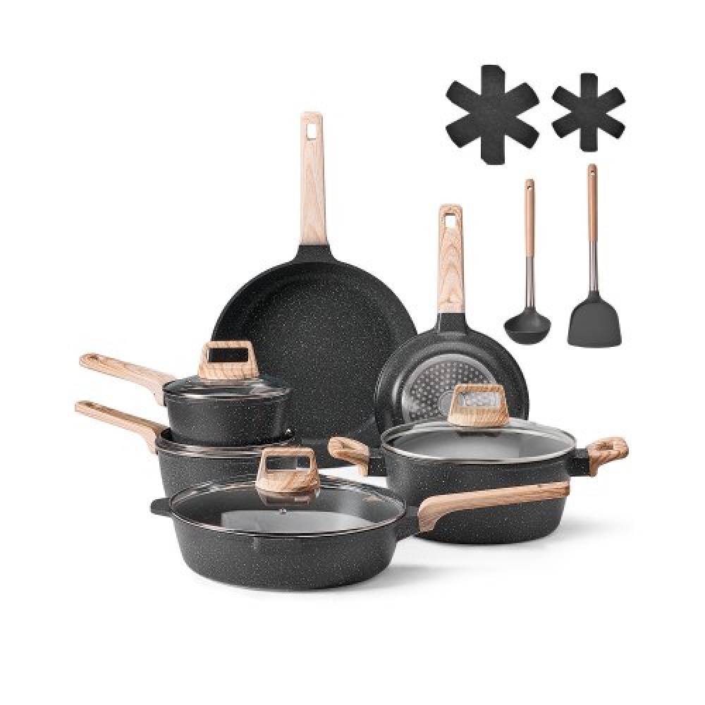 VEVOR 17 Piece Pots and Pans Set Granite Nonstick Kitchen Cookware Black