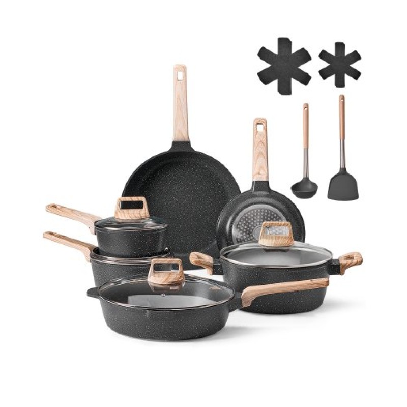 VEVOR 17 Piece Pots and Pans Set Granite Nonstick Kitchen Cookware Black