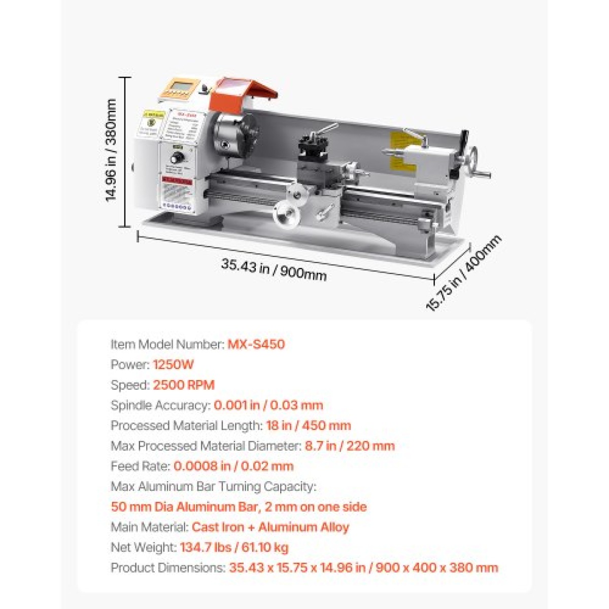 Μεταλλικός τόρνος VEVOR, 220 x 450 mm (8,7 x 18 ίντσες), Ισχυρός μεταλλικός τόρνος πάγκου ακριβείας, αυτόματη τροφοδοσία, μεταβλητή ταχύτητα 0-2500 σ.α.λ., κινητήρας χωρίς ψήκτρες 1250 W, για επεξεργασία εξαρτημάτων ακριβείας, μαλακά μέταλλα, πλαστικά ξύλ