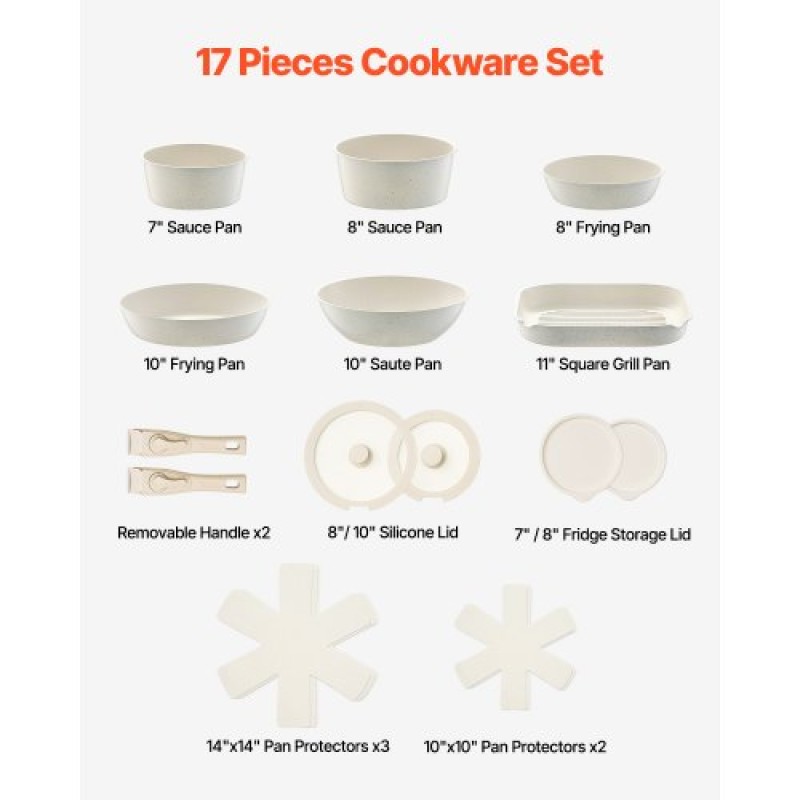 VEVOR 17 Piece Pots and Pans Set Granite Nonstick Kitchen Cookware White