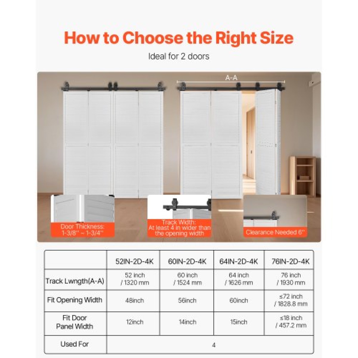 VEVOR Bi-folding Sliding Door Barn Hardware Track Kit, 52" Top Mount Track Kit, σύρεται ομαλά και αθόρυβα, βαρέως τύπου, εύκολο στην εγκατάσταση, κατάλληλο για τέσσερις πόρτες ντουλαπιών 12" ντουλαπιών πλυντηρίου ρούχων (Δεν περιλαμβάνονται)