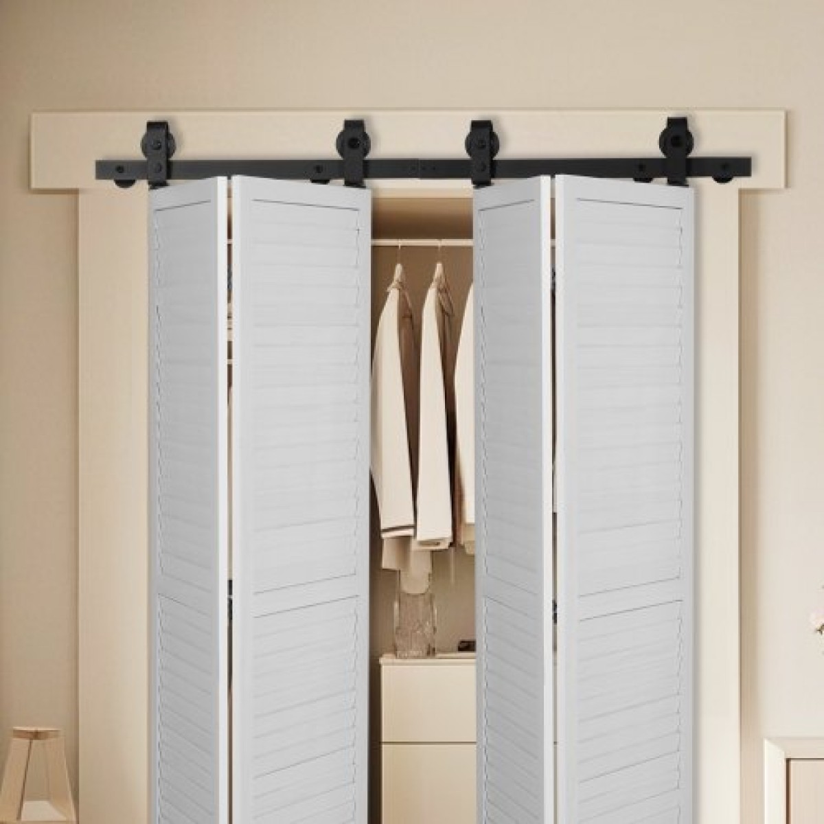 VEVOR Bi-folding Sliding Door Barn Hardware Track Kit, 52" Top Mount Track Kit, σύρεται ομαλά και αθόρυβα, βαρέως τύπου, εύκολο στην εγκατάσταση, κατάλληλο για τέσσερις πόρτες ντουλαπιών 12" ντουλαπιών πλυντηρίου ρούχων (Δεν περιλαμβάνονται)