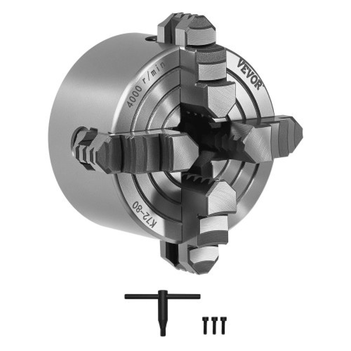 Τσοκ τόρνου VEVOR 4 σιαγόνων, 3 ιντσών (80 mm), ανεξάρτητο τσοκ 4 σιαγόνων, εύρος σύσφιξης 0,1-3,15 ιντσών (5-80 mm) με βίδες στερέωσης με κλειδί T Αναστρέψιμες σιαγόνες, υλικό HT300, Εσωτερικό εξωτερικό για μεταλλικό τόρνο ξύλου