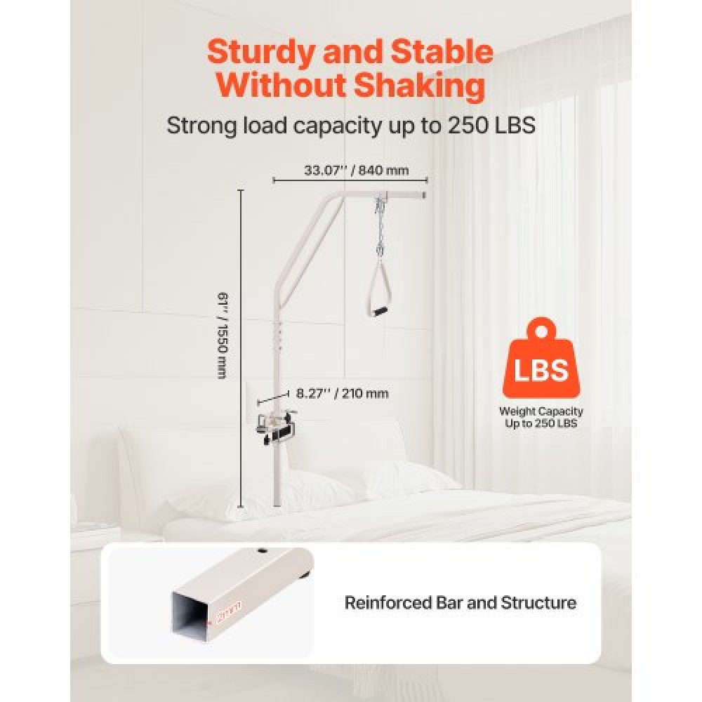 VEVOR Trapeze Bar for Bed Mobility, Medical Trapeze Bed with Clamps & Metal Chain, 250LBS Weight Capacity Pull Up Assist Bar για ηλικιωμένους και άτομα με ειδικές ανάγκες, Ιδανική για φροντίδα στο σπίτι, νοσοκομεία, γηροκομεία