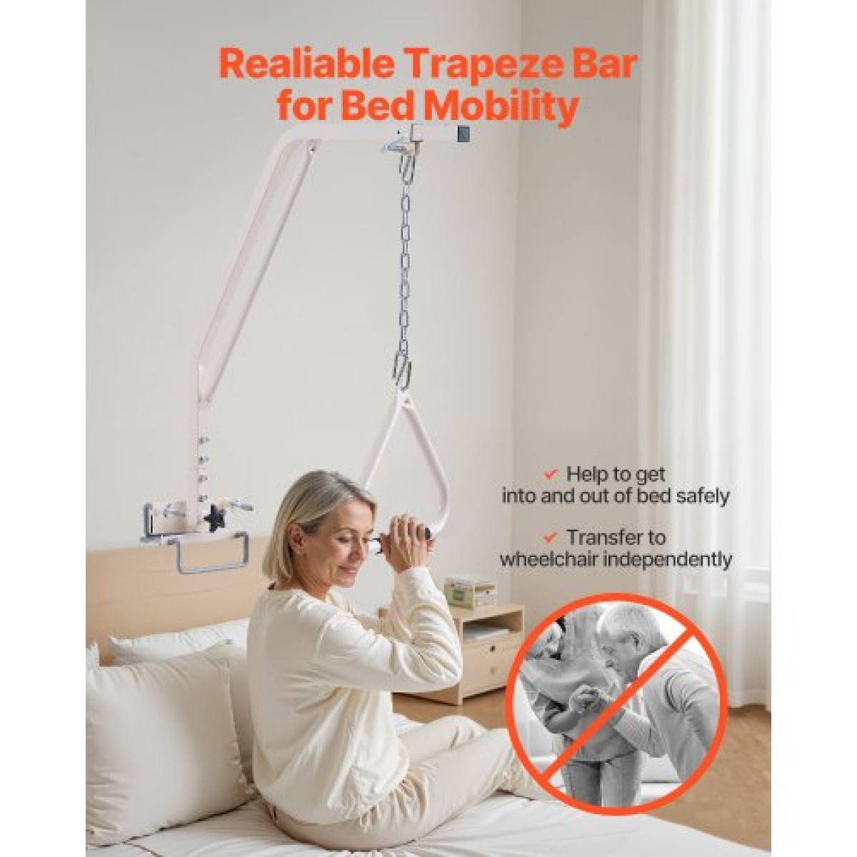 VEVOR Trapeze Bar for Bed Mobility, Medical Trapeze Bed with Clamps & Metal Chain, 250LBS Weight Capacity Pull Up Assist Bar για ηλικιωμένους και άτομα με ειδικές ανάγκες, Ιδανική για φροντίδα στο σπίτι, νοσοκομεία, γηροκομεία