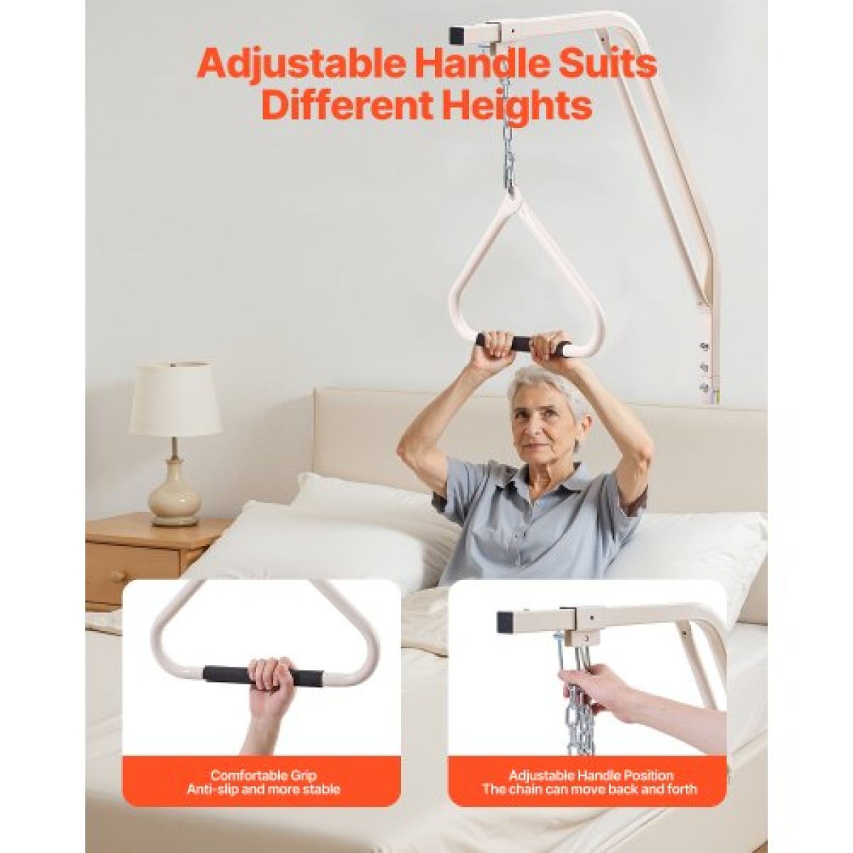 VEVOR Trapeze Bar for Bed Mobility, Medical Trapeze Bed with Clamps & Metal Chain, 250LBS Weight Capacity Pull Up Assist Bar για ηλικιωμένους και άτομα με ειδικές ανάγκες, Ιδανική για φροντίδα στο σπίτι, νοσοκομεία, γηροκομεία