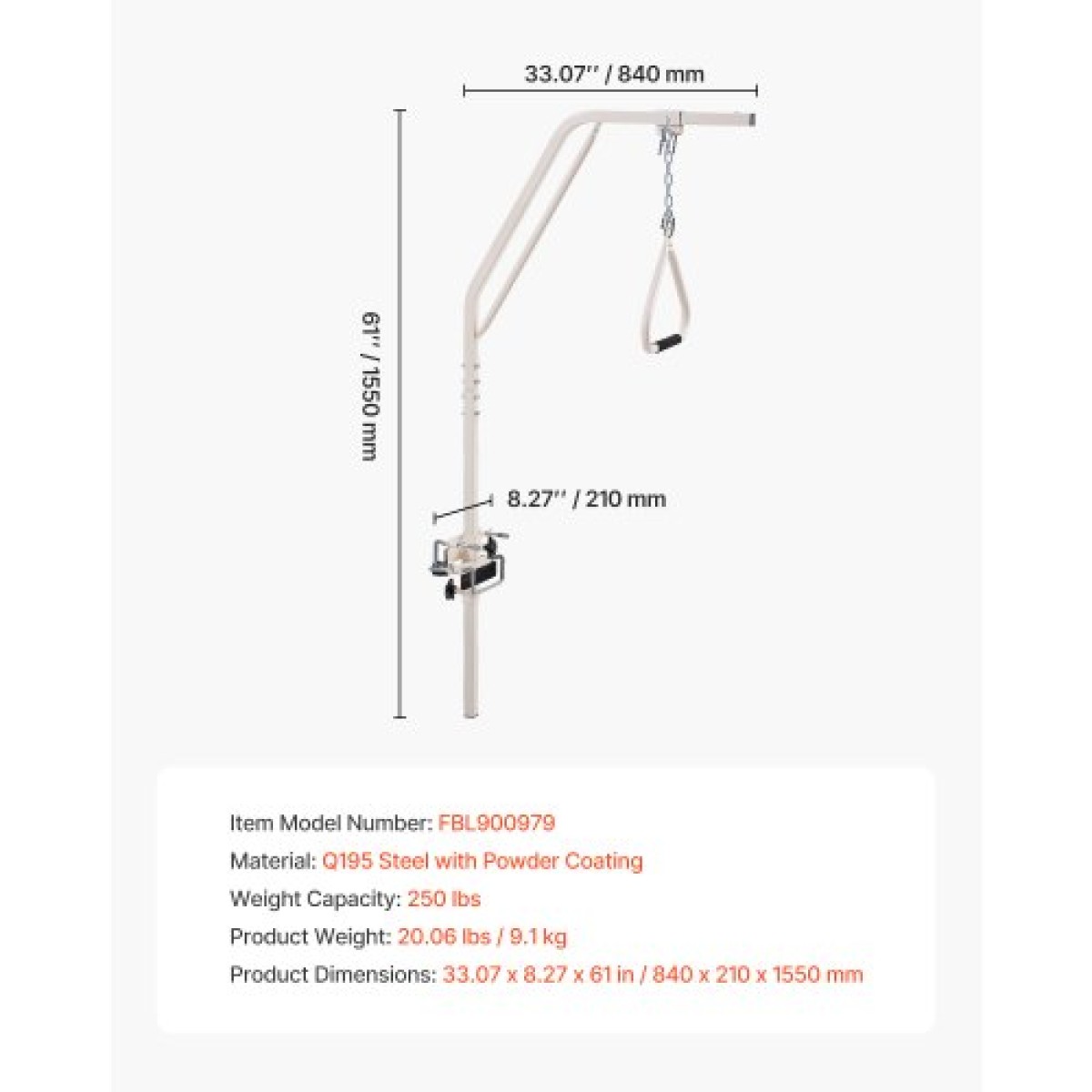 VEVOR Trapeze Bar for Bed Mobility, Medical Trapeze Bed with Clamps & Metal Chain, 250LBS Weight Capacity Pull Up Assist Bar για ηλικιωμένους και άτομα με ειδικές ανάγκες, Ιδανική για φροντίδα στο σπίτι, νοσοκομεία, γηροκομεία