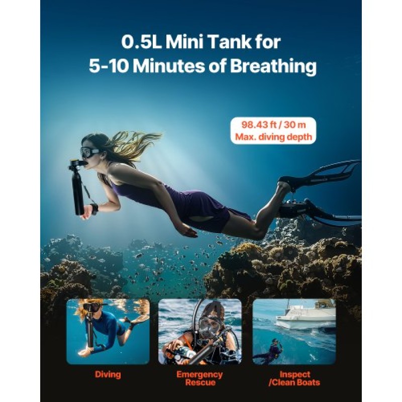 VEVOR 0.5L Scuba Tank 98.43ft Diving Depth Refillable Snorkel Air Tank with Pump