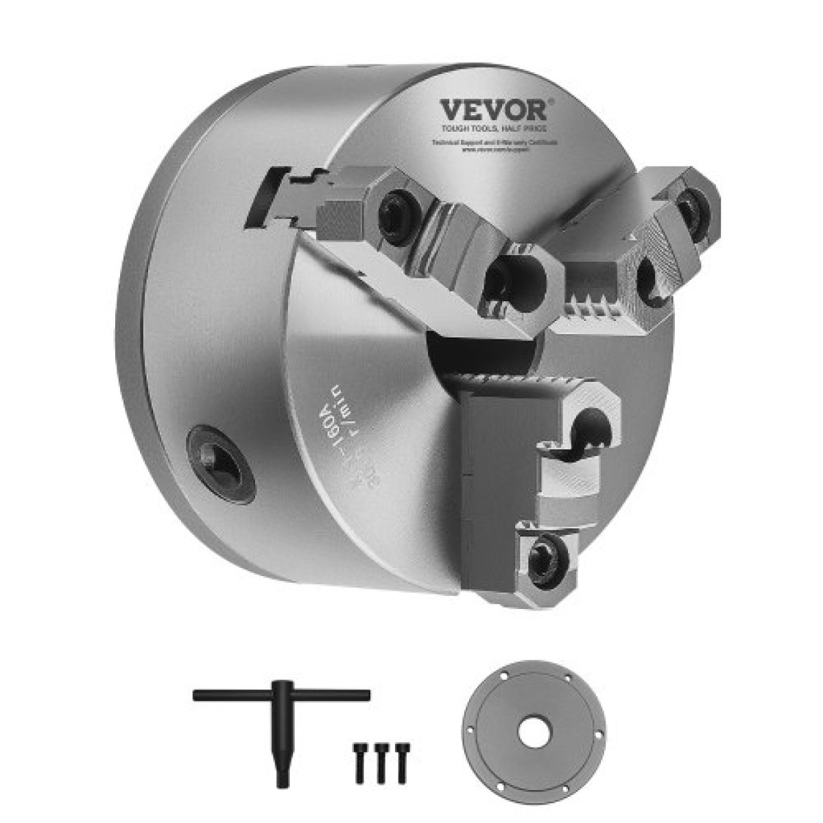 Τσοκ τόρνου VEVOR 3 σιαγόνων, 6 ιντσών (160 mm), τσοκ με αυτοκέντρο με πλάκα στήριξης με σπείρωμα 1 1/2 in-8, Εύρος σύσφιξης 0,12-5,71 ιντσών (3-145 mm) με βίδες με κλειδί T, υλικό HT300 Lathe, για Ξύλο