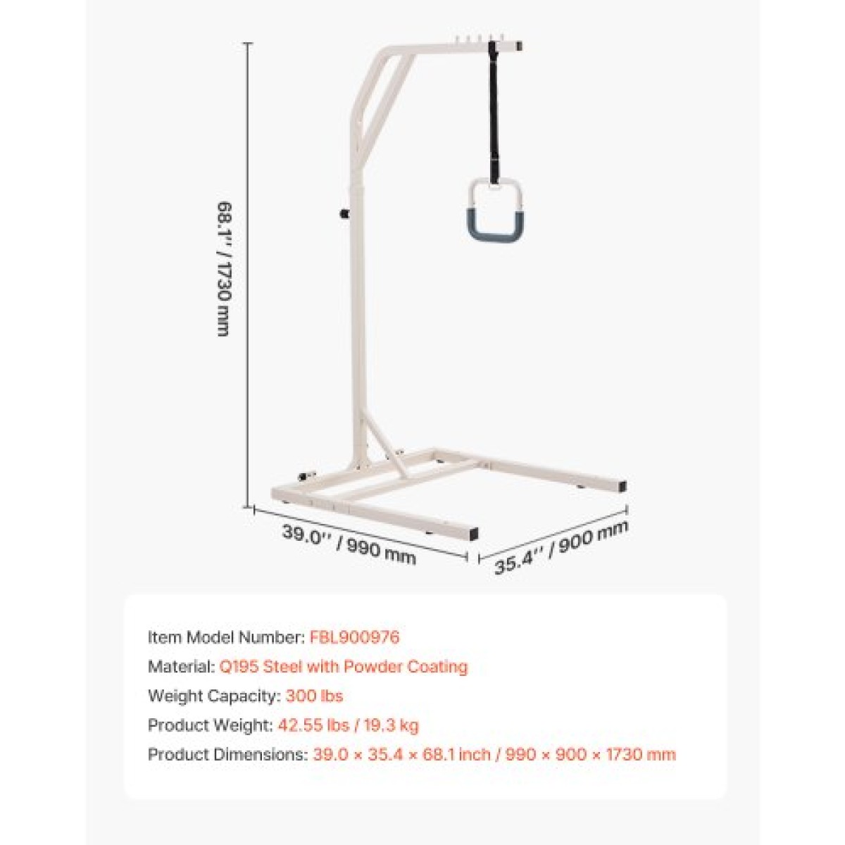 VEVOR Trapeze Bar για κινητικότητα κρεβατιού, ρυθμιζόμενο ύψος ελεύθερα στέκεται τραπεζοειδές μπαρ με 2 τροχούς, 300LBS Bed Pull Up Assist για ηλικιωμένα άτομα με ειδικές ανάγκες, Ιδανικό για νοσοκομεία, γηροκομείο και φροντίδα στο σπίτι