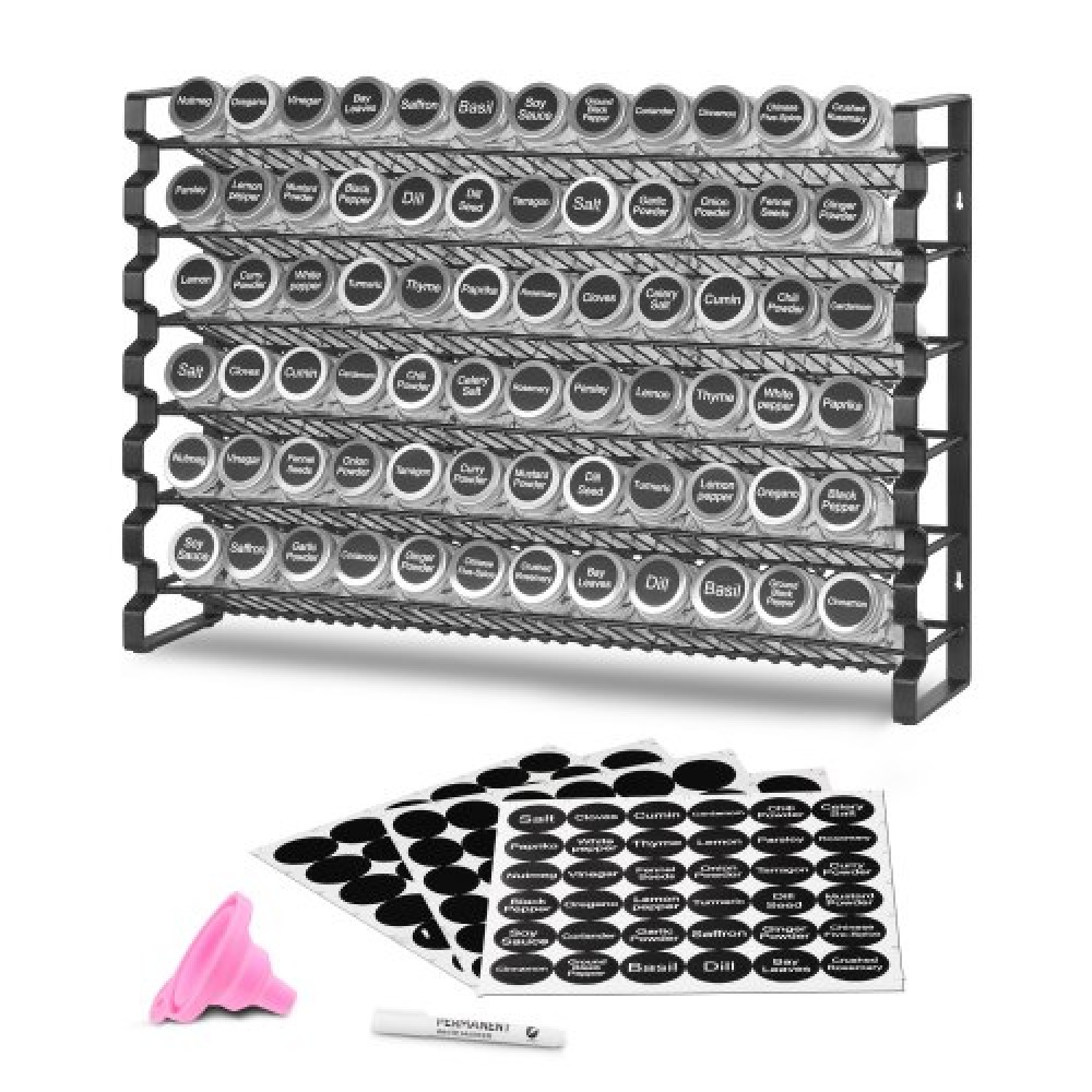 Organizer για ντουλάπι VEVOR Spice Rack, Organizer μπαχαρικών με 72 άδεια βάζα μπαχαρικών, καπάκια, ετικέτες μπαχαρικών και ολοκληρωμένο σετ χωνιού, οργάνωση καρυκευμάτων για πάγκο, κουζίνα, ντουλάπι, ντουλάπι, 23x16 in