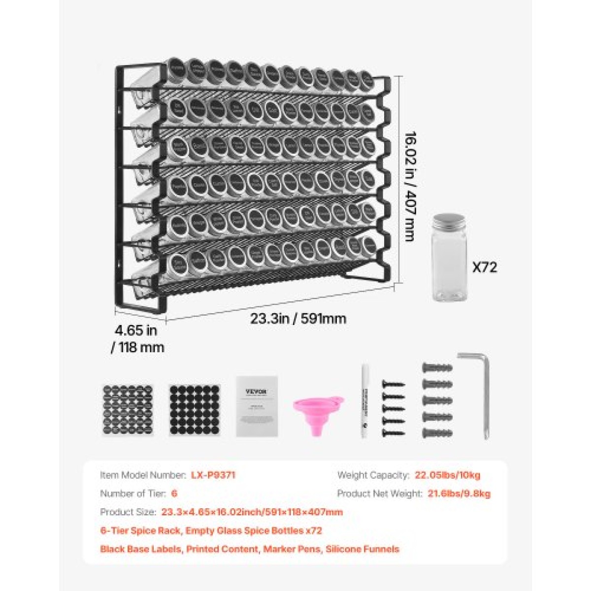 Organizer για ντουλάπι VEVOR Spice Rack, Organizer μπαχαρικών με 72 άδεια βάζα μπαχαρικών, καπάκια, ετικέτες μπαχαρικών και ολοκληρωμένο σετ χωνιού, οργάνωση καρυκευμάτων για πάγκο, κουζίνα, ντουλάπι, ντουλάπι, 23x16 in
